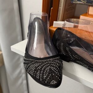 BCBG Elegant Black Studded Crystal Flats Size 7.5-8 Medium Excellent Condition